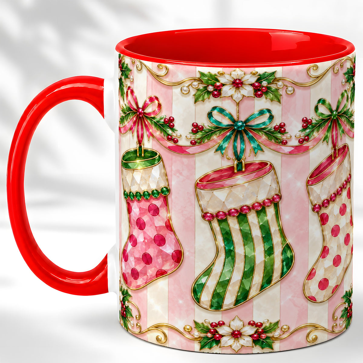 Ornate Christmas Stockings Coffee Mug, Jeweled Holiday Mug, Ceramic Cup