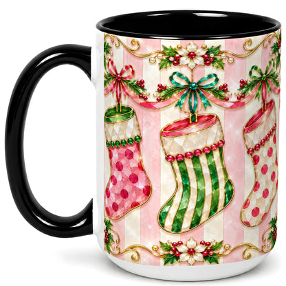 #pl[15oz|Black] Ornate Christmas Stockings Coffee Mug, Jeweled Holiday Mug, Ceramic Cup