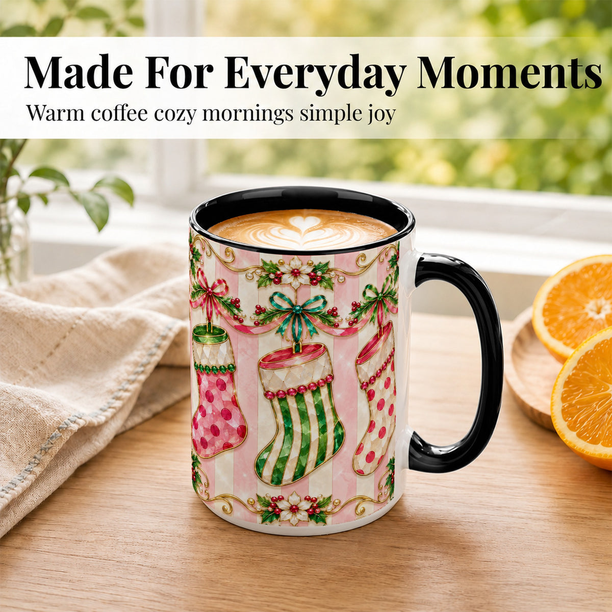 #pl[15oz|Black] Ornate Christmas Stockings Coffee Mug, Jeweled Holiday Mug, Ceramic Cup