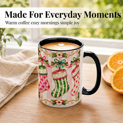 #pl[15oz|Black] Ornate Christmas Stockings Coffee Mug, Jeweled Holiday Mug, Ceramic Cup