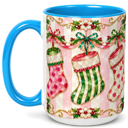 #pl[15oz|Blue] Ornate Christmas Stockings Coffee Mug, Jeweled Holiday Mug, Ceramic Cup