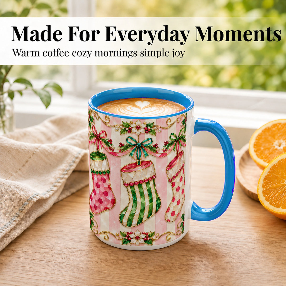 #pl[15oz|Blue] Ornate Christmas Stockings Coffee Mug, Jeweled Holiday Mug, Ceramic Cup
