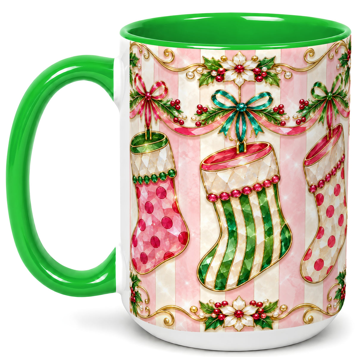 #pl[15oz|Green] Ornate Christmas Stockings Coffee Mug, Jeweled Holiday Mug, Ceramic Cup