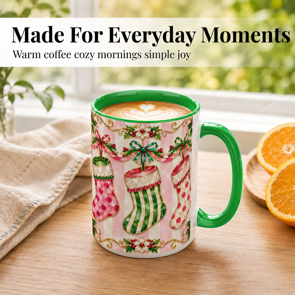 #pl[15oz|Green] Ornate Christmas Stockings Coffee Mug, Jeweled Holiday Mug, Ceramic Cup