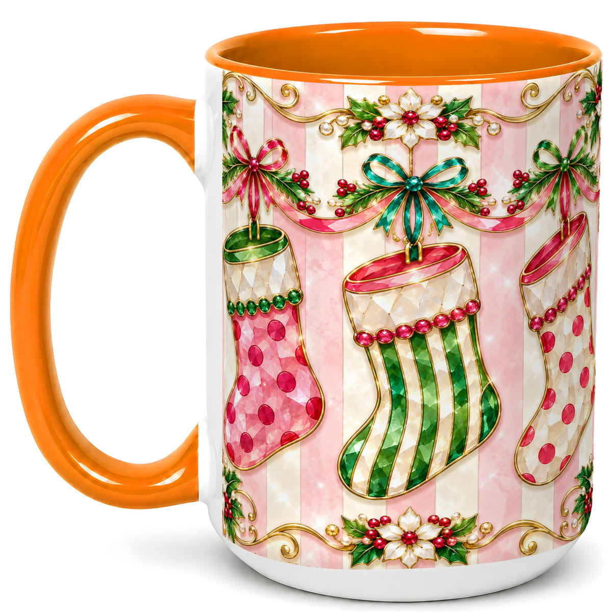 #pl[15oz|Orange] Ornate Christmas Stockings Coffee Mug, Jeweled Holiday Mug, Ceramic Cup