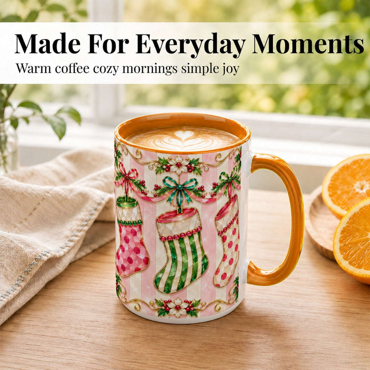 #pl[15oz|Orange] Ornate Christmas Stockings Coffee Mug, Jeweled Holiday Mug, Ceramic Cup