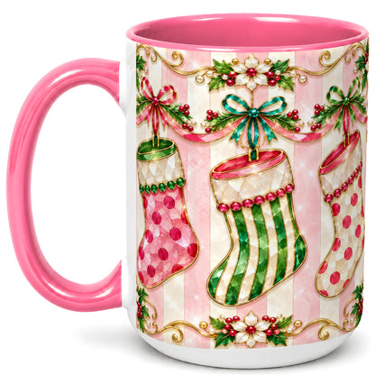 #pl[15oz|Pink] Ornate Christmas Stockings Coffee Mug, Jeweled Holiday Mug, Ceramic Cup