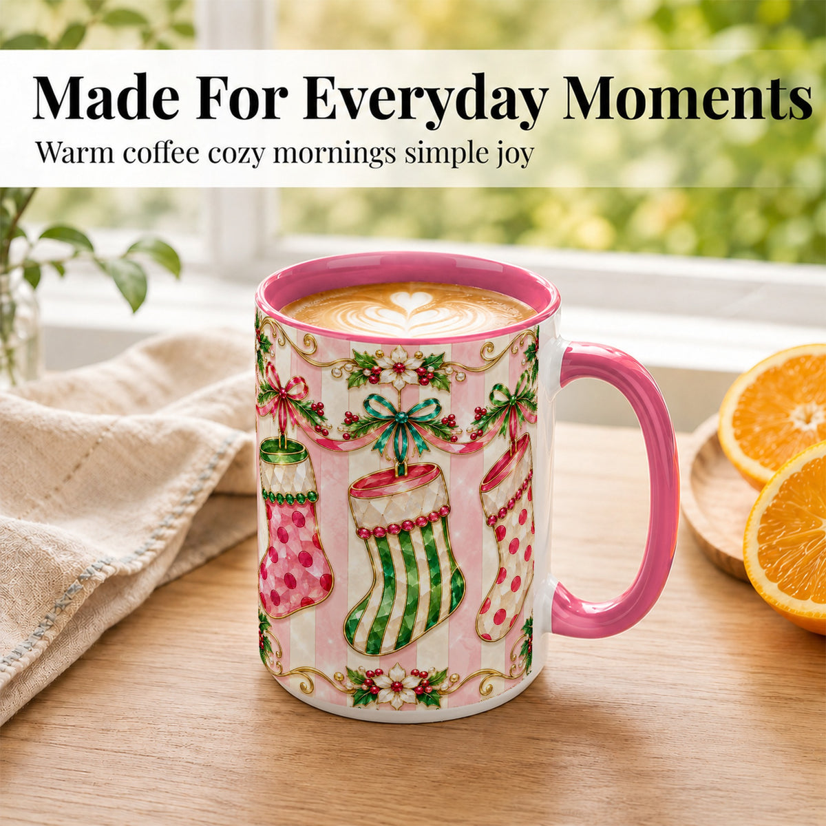 #pl[15oz|Pink] Ornate Christmas Stockings Coffee Mug, Jeweled Holiday Mug, Ceramic Cup
