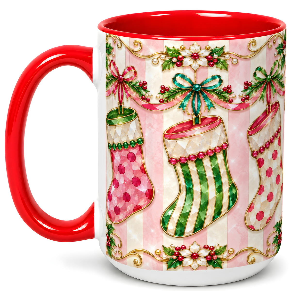 #pl[15oz|Red] Ornate Christmas Stockings Coffee Mug, Jeweled Holiday Mug, Ceramic Cup