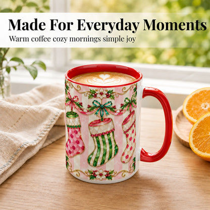 #pl[15oz|Red] Ornate Christmas Stockings Coffee Mug, Jeweled Holiday Mug, Ceramic Cup
