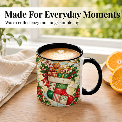 #pl[11oz|Black] Gingerbread Stocking Coffee Mug, Christmas Patchwork Mug, Ceramic Cup