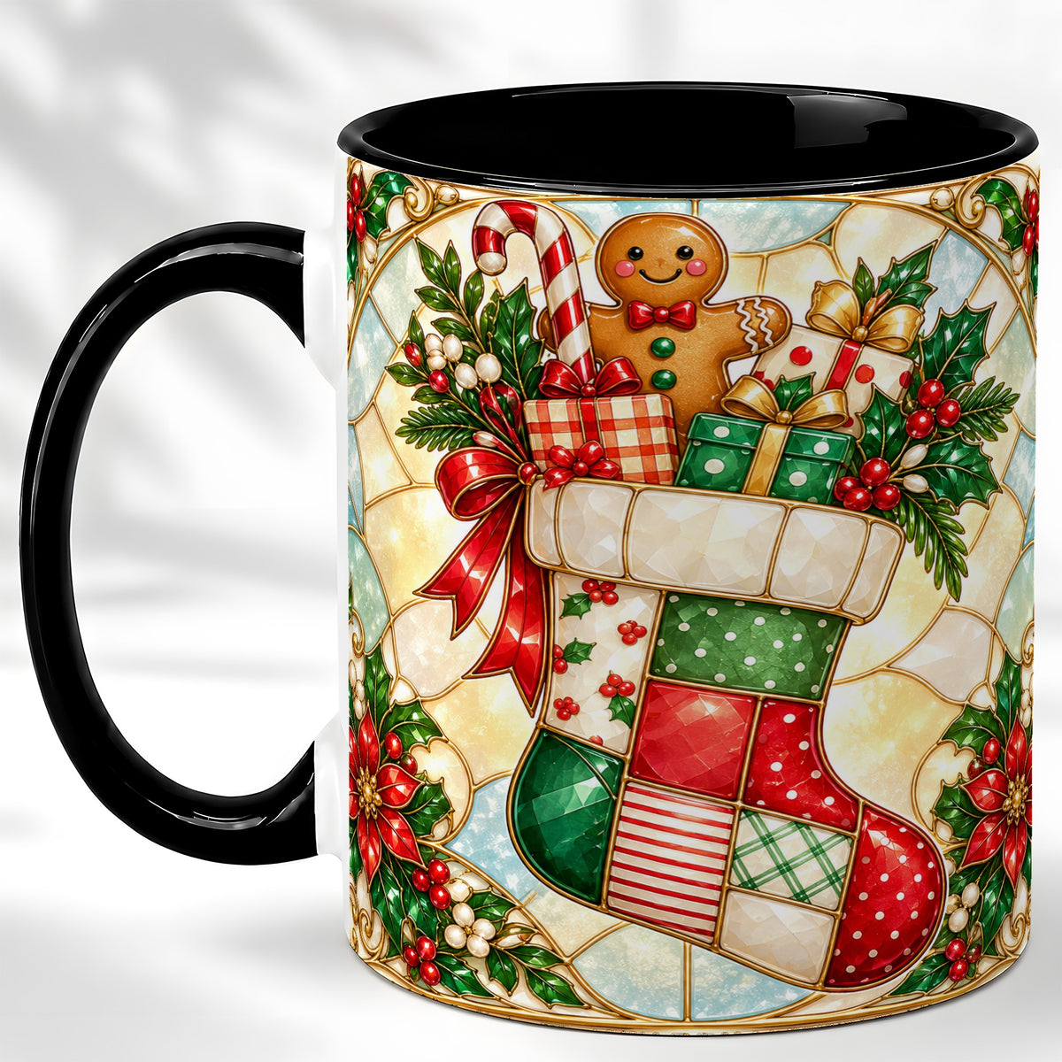 #pl[11oz|Black] Gingerbread Stocking Coffee Mug, Christmas Patchwork Mug, Ceramic Cup