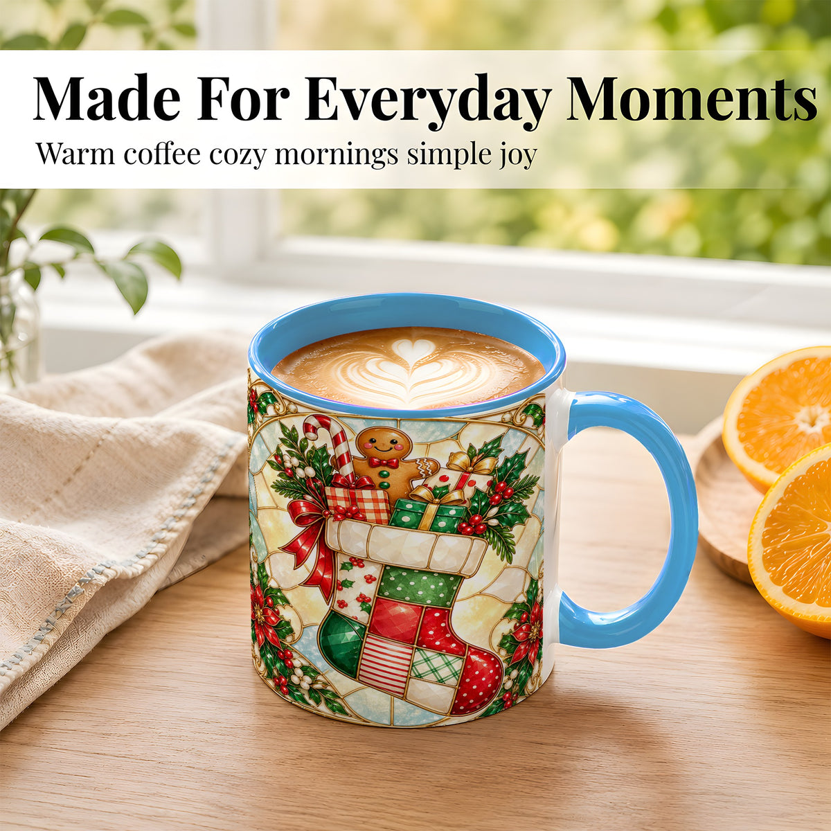 #pl[11oz|Blue] Gingerbread Stocking Coffee Mug, Christmas Patchwork Mug, Ceramic Cup