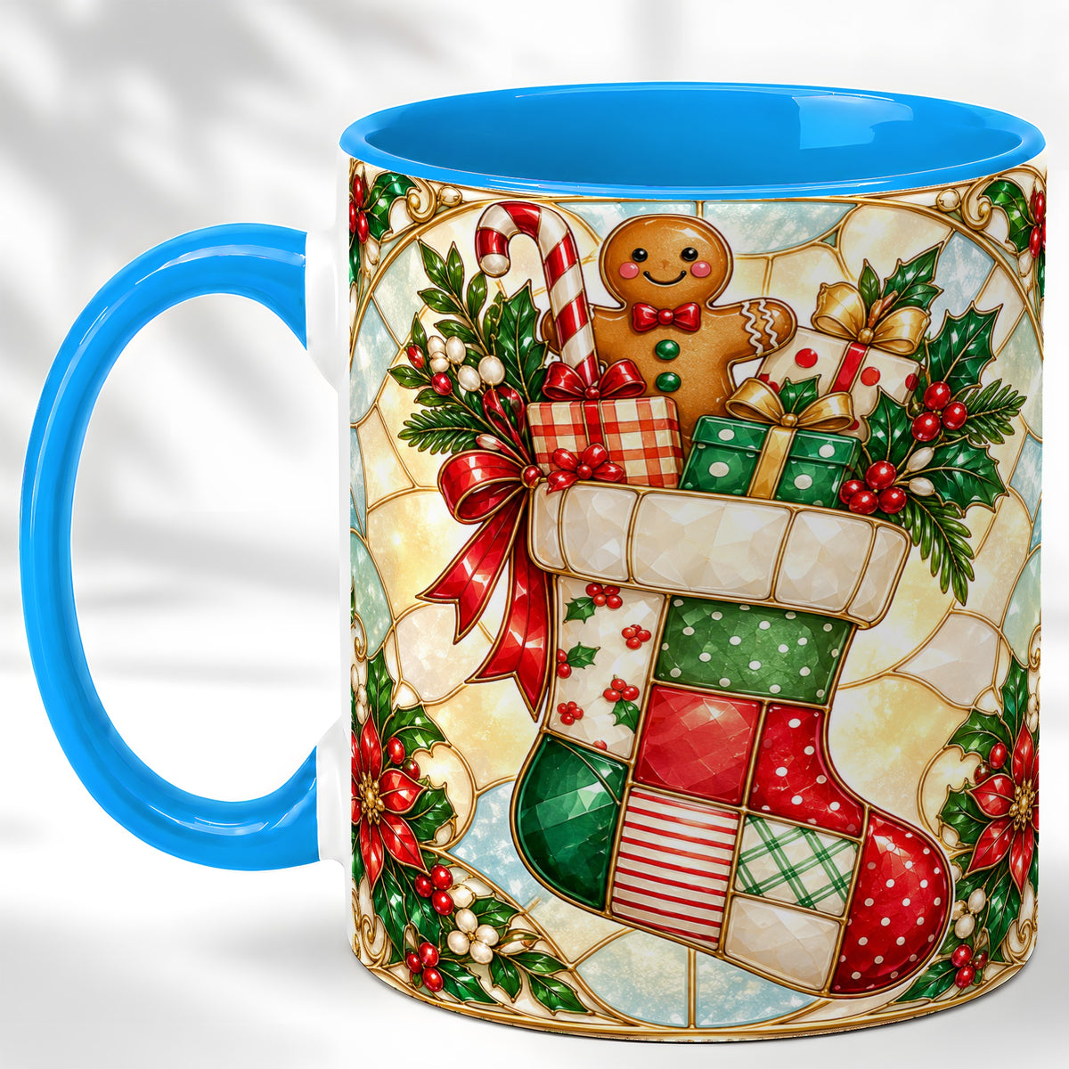 #pl[11oz|Blue] Gingerbread Stocking Coffee Mug, Christmas Patchwork Mug, Ceramic Cup