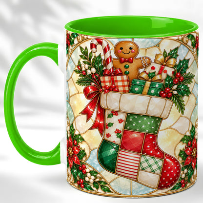 #pl[11oz|Green] Gingerbread Stocking Coffee Mug, Christmas Patchwork Mug, Ceramic Cup