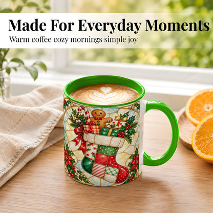 #pl[11oz|Green] Gingerbread Stocking Coffee Mug, Christmas Patchwork Mug, Ceramic Cup