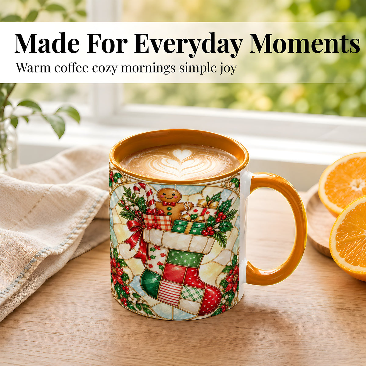 #pl[11oz|Orange] Gingerbread Stocking Coffee Mug, Christmas Patchwork Mug, Ceramic Cup
