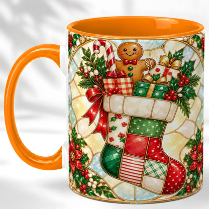 #pl[11oz|Orange] Gingerbread Stocking Coffee Mug, Christmas Patchwork Mug, Ceramic Cup