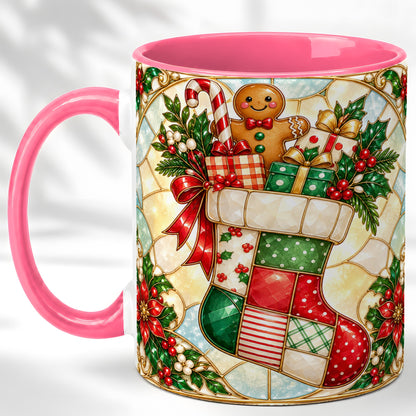 #pl[11oz|Pink] Gingerbread Stocking Coffee Mug, Christmas Patchwork Mug, Ceramic Cup