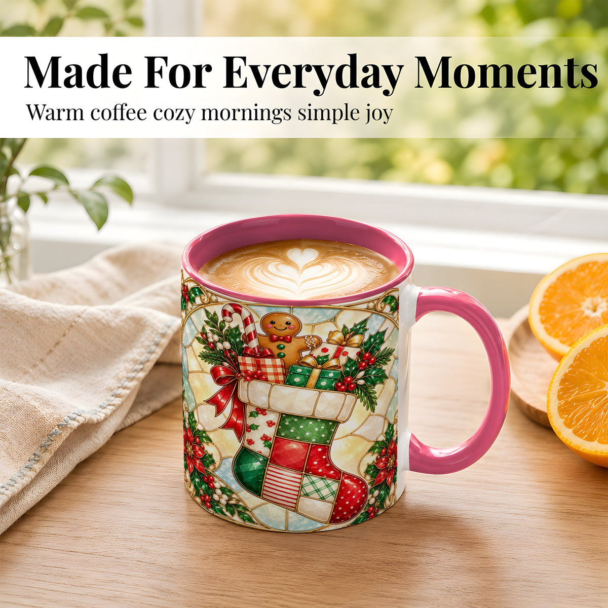 #pl[11oz|Pink] Gingerbread Stocking Coffee Mug, Christmas Patchwork Mug, Ceramic Cup