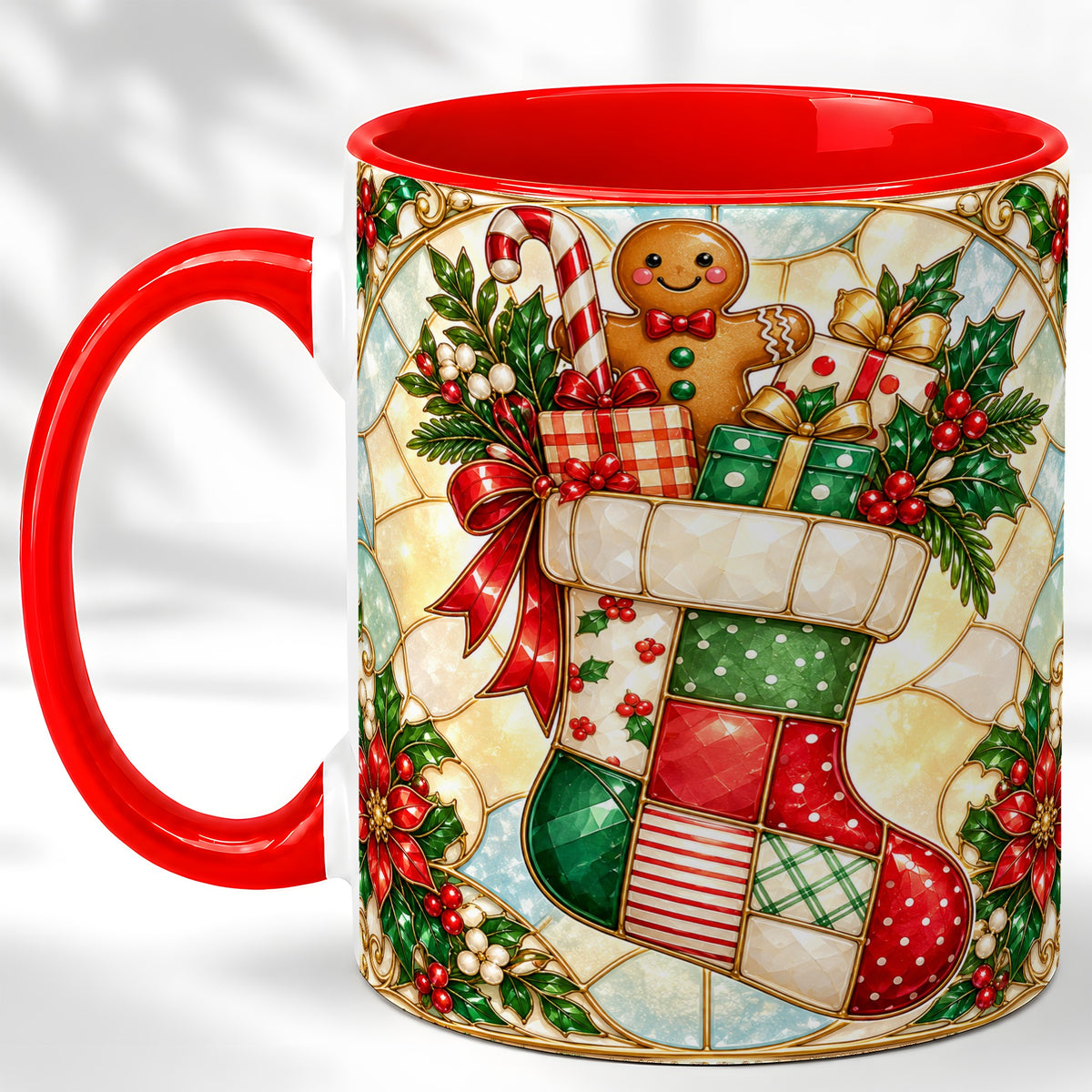 Gingerbread Stocking Coffee Mug, Christmas Patchwork Mug, Ceramic Cup