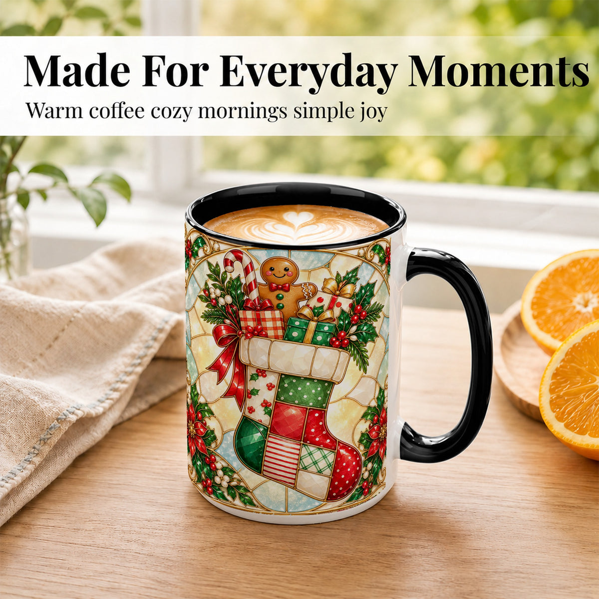 #pl[15oz|Black] Gingerbread Stocking Coffee Mug, Christmas Patchwork Mug, Ceramic Cup