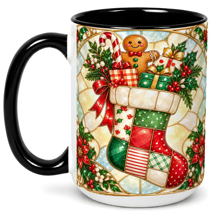 #pl[15oz|Black] Gingerbread Stocking Coffee Mug, Christmas Patchwork Mug, Ceramic Cup