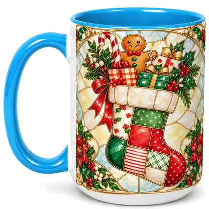 #pl[15oz|Blue] Gingerbread Stocking Coffee Mug, Christmas Patchwork Mug, Ceramic Cup