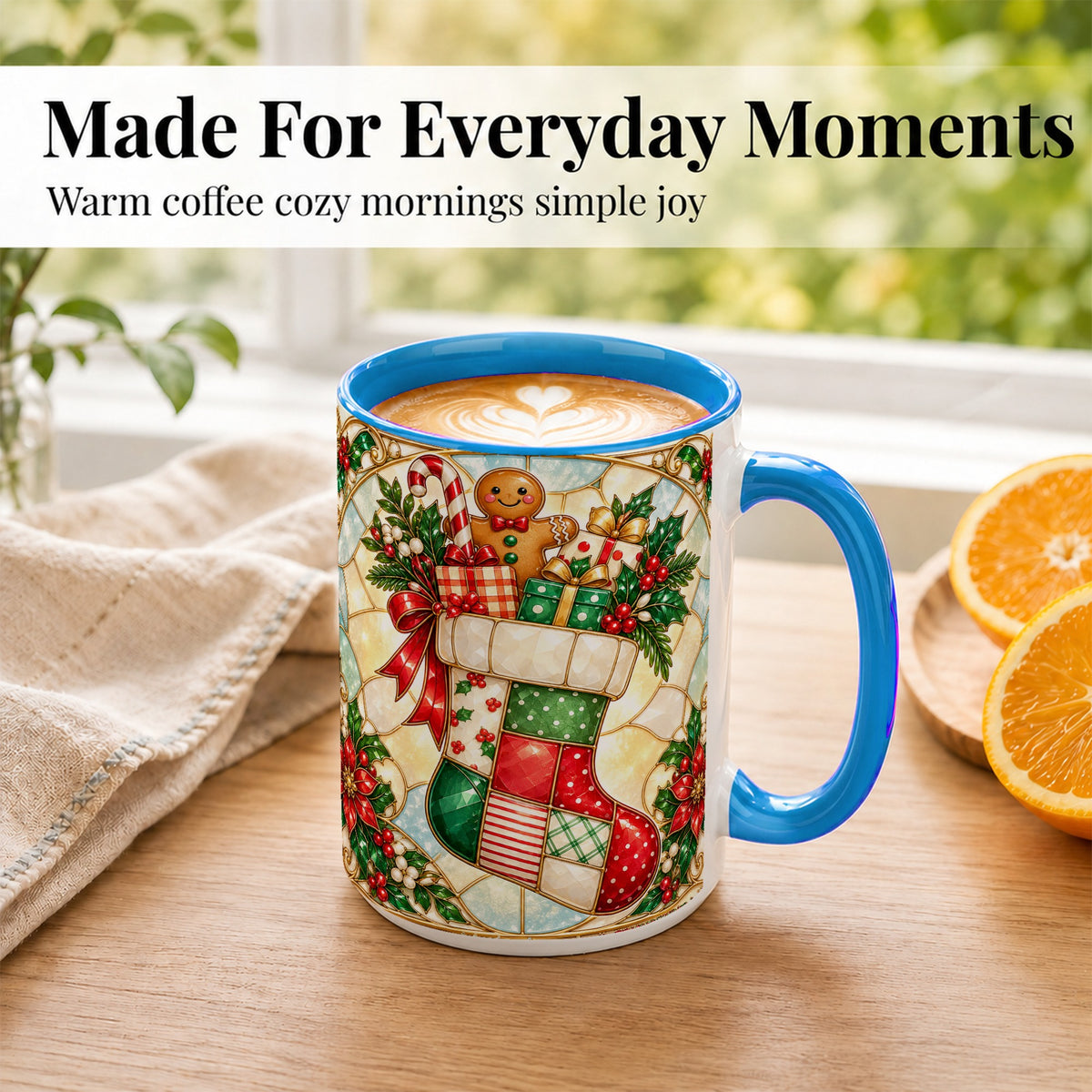 #pl[15oz|Blue] Gingerbread Stocking Coffee Mug, Christmas Patchwork Mug, Ceramic Cup