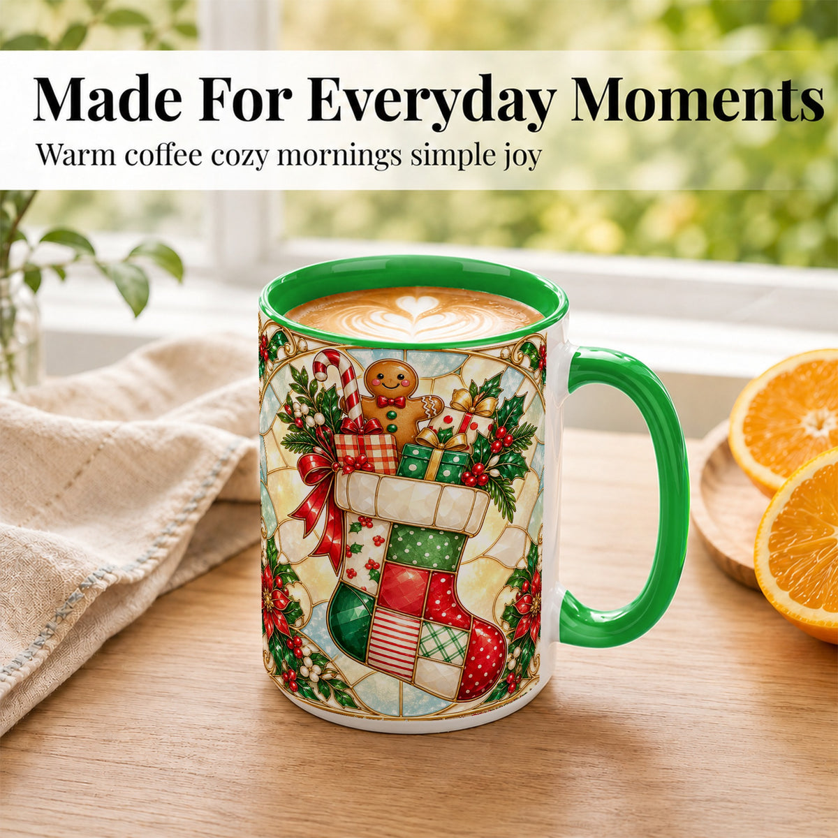 #pl[15oz|Green] Gingerbread Stocking Coffee Mug, Christmas Patchwork Mug, Ceramic Cup