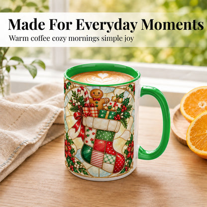 #pl[15oz|Green] Gingerbread Stocking Coffee Mug, Christmas Patchwork Mug, Ceramic Cup