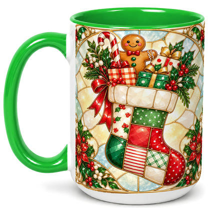 #pl[15oz|Green] Gingerbread Stocking Coffee Mug, Christmas Patchwork Mug, Ceramic Cup