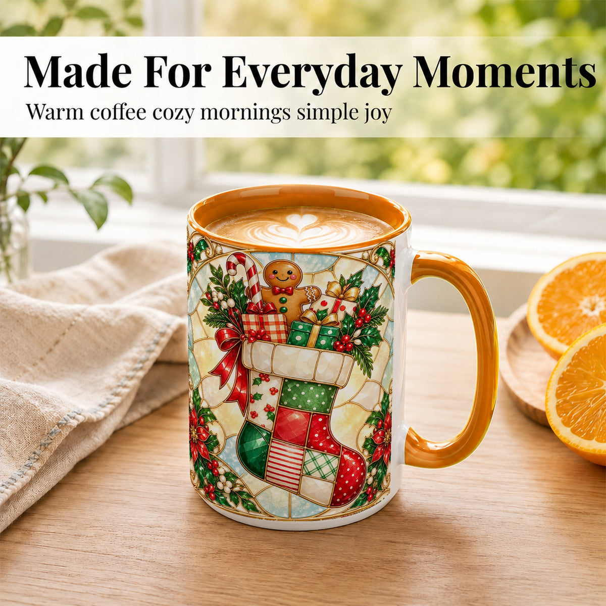 #pl[15oz|Orange] Gingerbread Stocking Coffee Mug, Christmas Patchwork Mug, Ceramic Cup