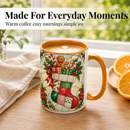 #pl[15oz|Orange] Gingerbread Stocking Coffee Mug, Christmas Patchwork Mug, Ceramic Cup