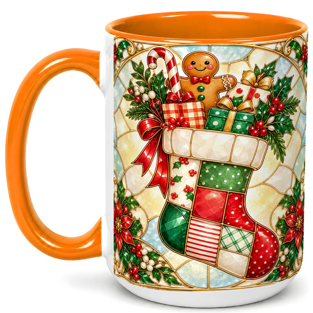 #pl[15oz|Orange] Gingerbread Stocking Coffee Mug, Christmas Patchwork Mug, Ceramic Cup