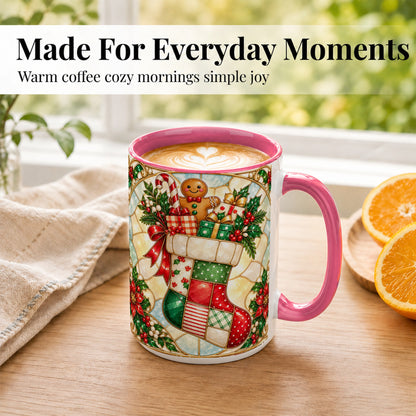 #pl[15oz|Pink] Gingerbread Stocking Coffee Mug, Christmas Patchwork Mug, Ceramic Cup
