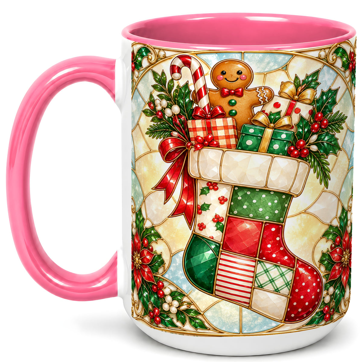 #pl[15oz|Pink] Gingerbread Stocking Coffee Mug, Christmas Patchwork Mug, Ceramic Cup