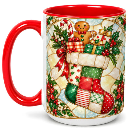 #pl[15oz|Red] Gingerbread Stocking Coffee Mug, Christmas Patchwork Mug, Ceramic Cup