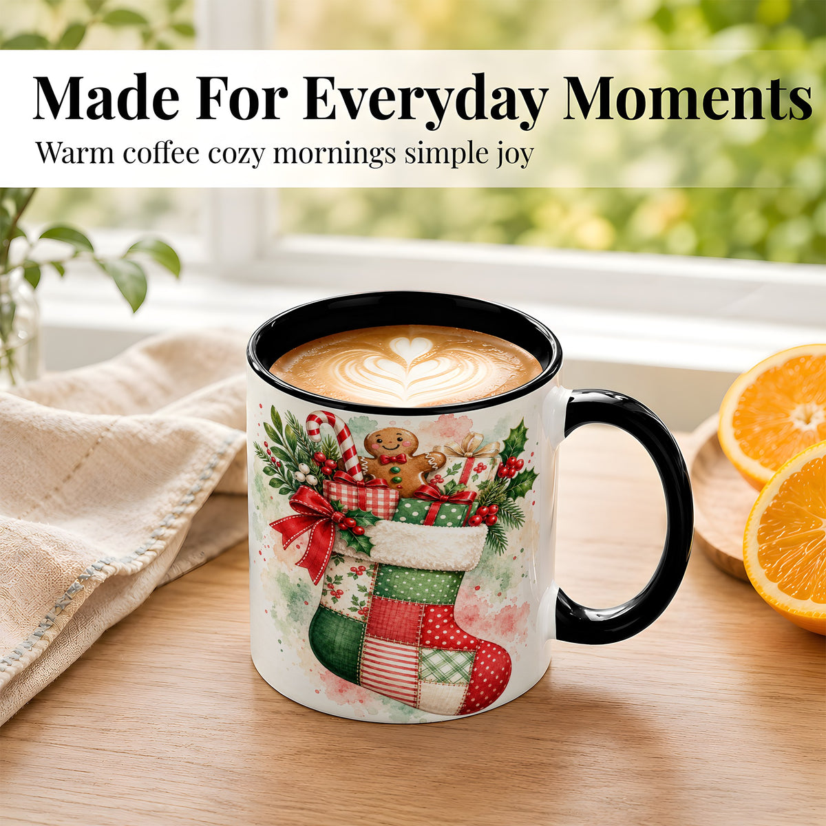 #pl[11oz|Black] Watercolor Gingerbread Stocking Coffee Mug, Holiday Mug, Ceramic Cup