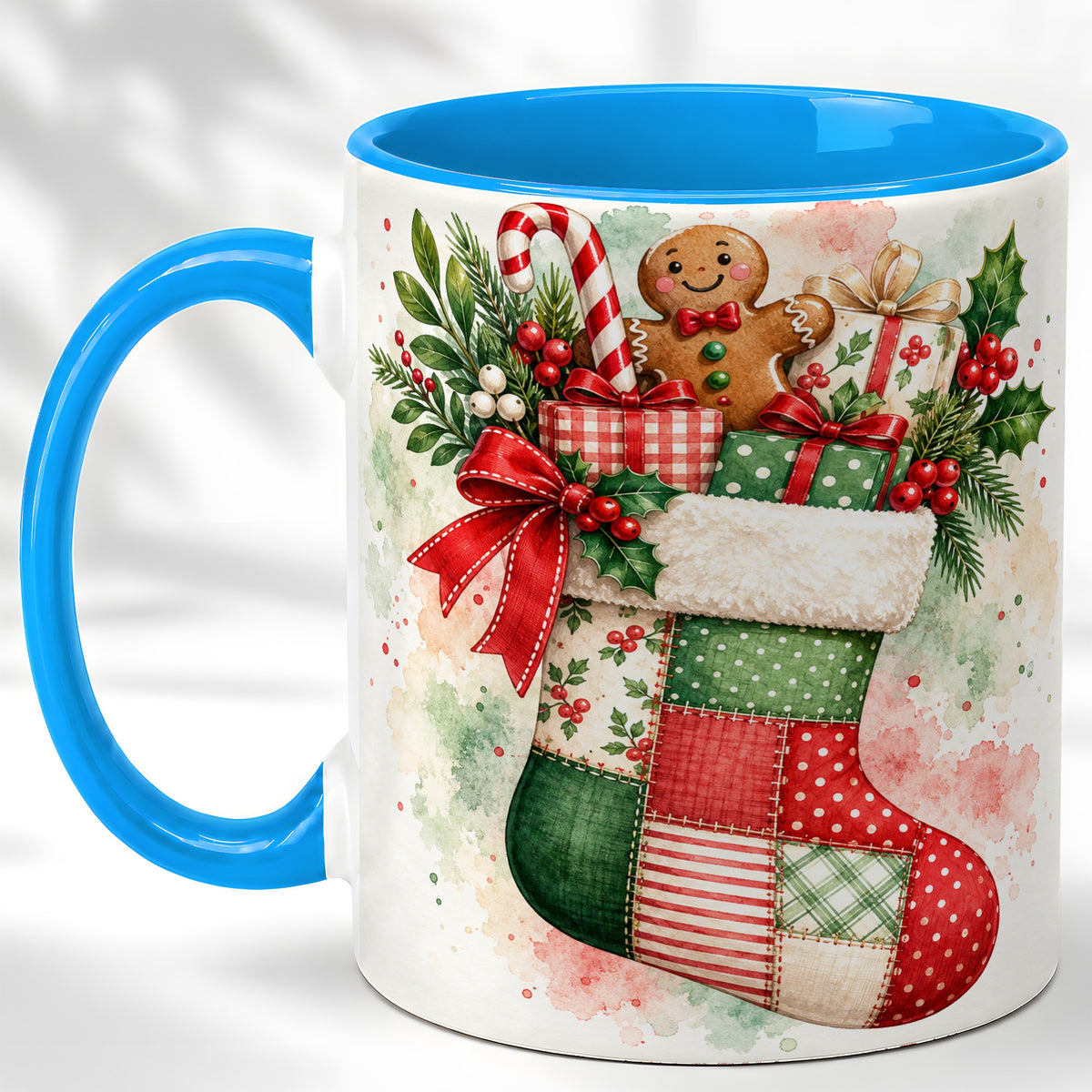 #pl[11oz|Blue] Watercolor Gingerbread Stocking Coffee Mug, Holiday Mug, Ceramic Cup