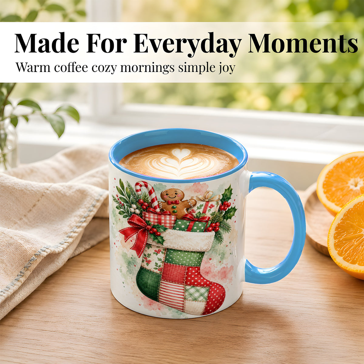 #pl[11oz|Blue] Watercolor Gingerbread Stocking Coffee Mug, Holiday Mug, Ceramic Cup