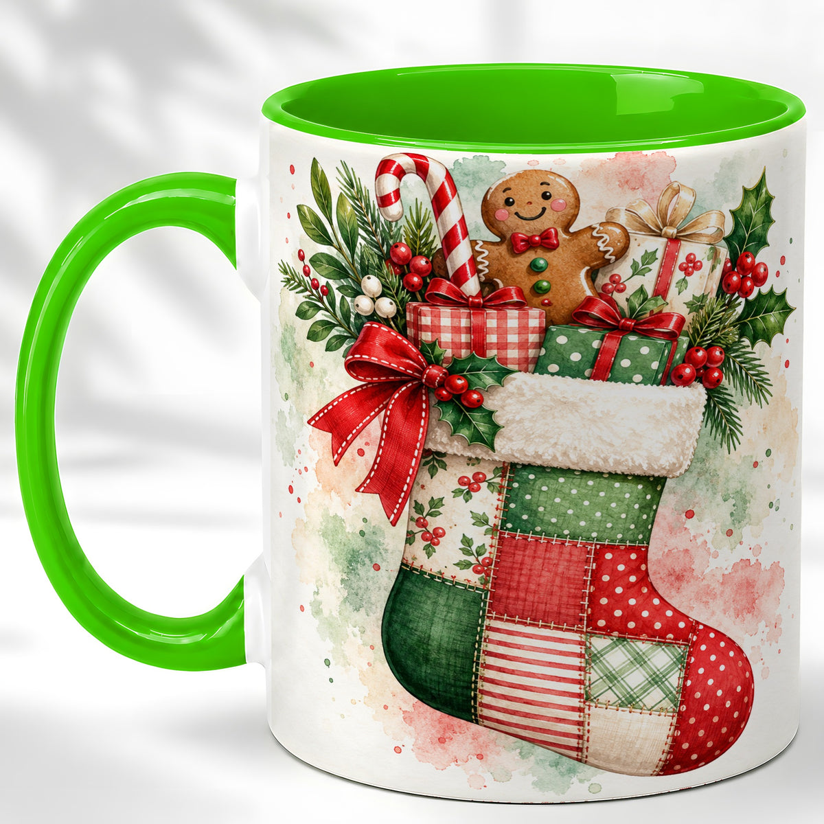 #pl[11oz|Green] Watercolor Gingerbread Stocking Coffee Mug, Holiday Mug, Ceramic Cup