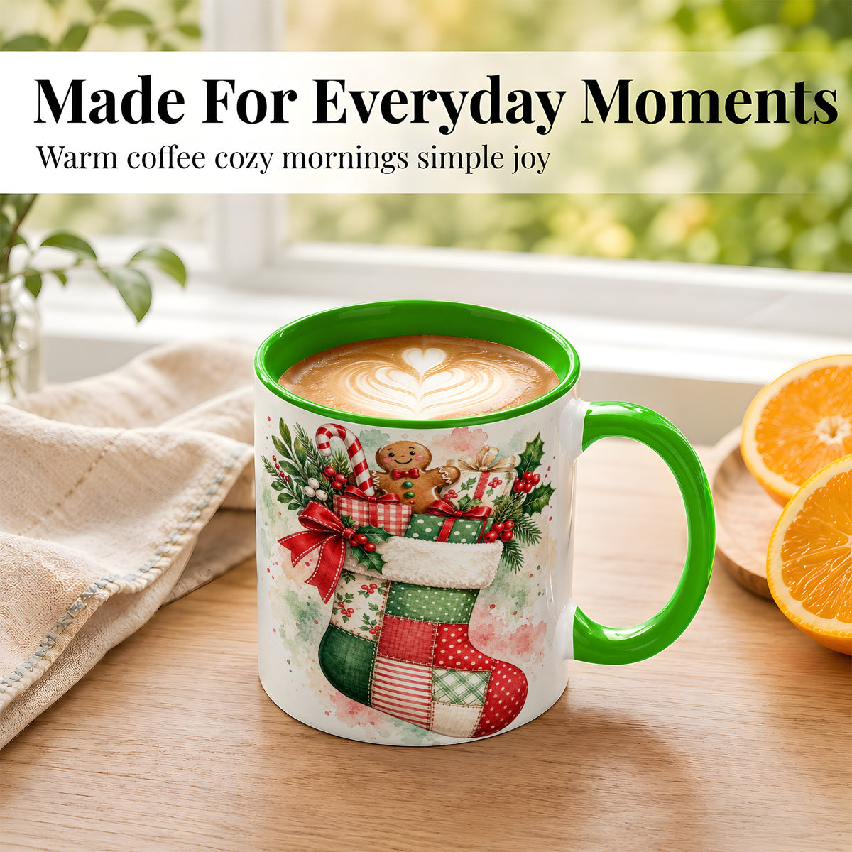 #pl[11oz|Green] Watercolor Gingerbread Stocking Coffee Mug, Holiday Mug, Ceramic Cup