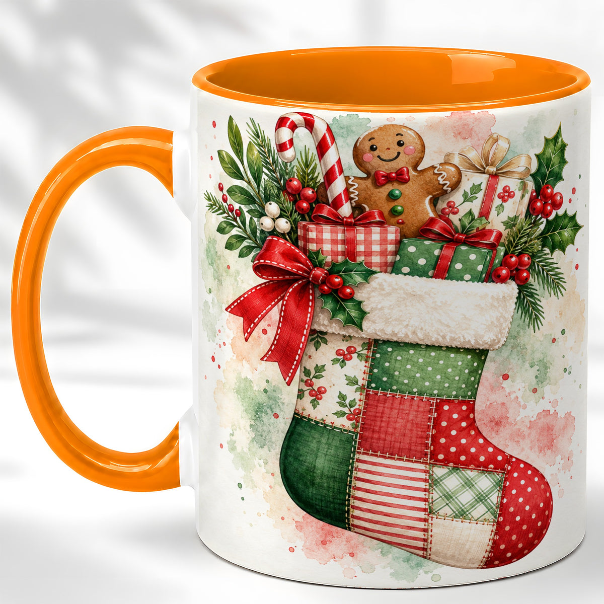 #pl[11oz|Orange] Watercolor Gingerbread Stocking Coffee Mug, Holiday Mug, Ceramic Cup