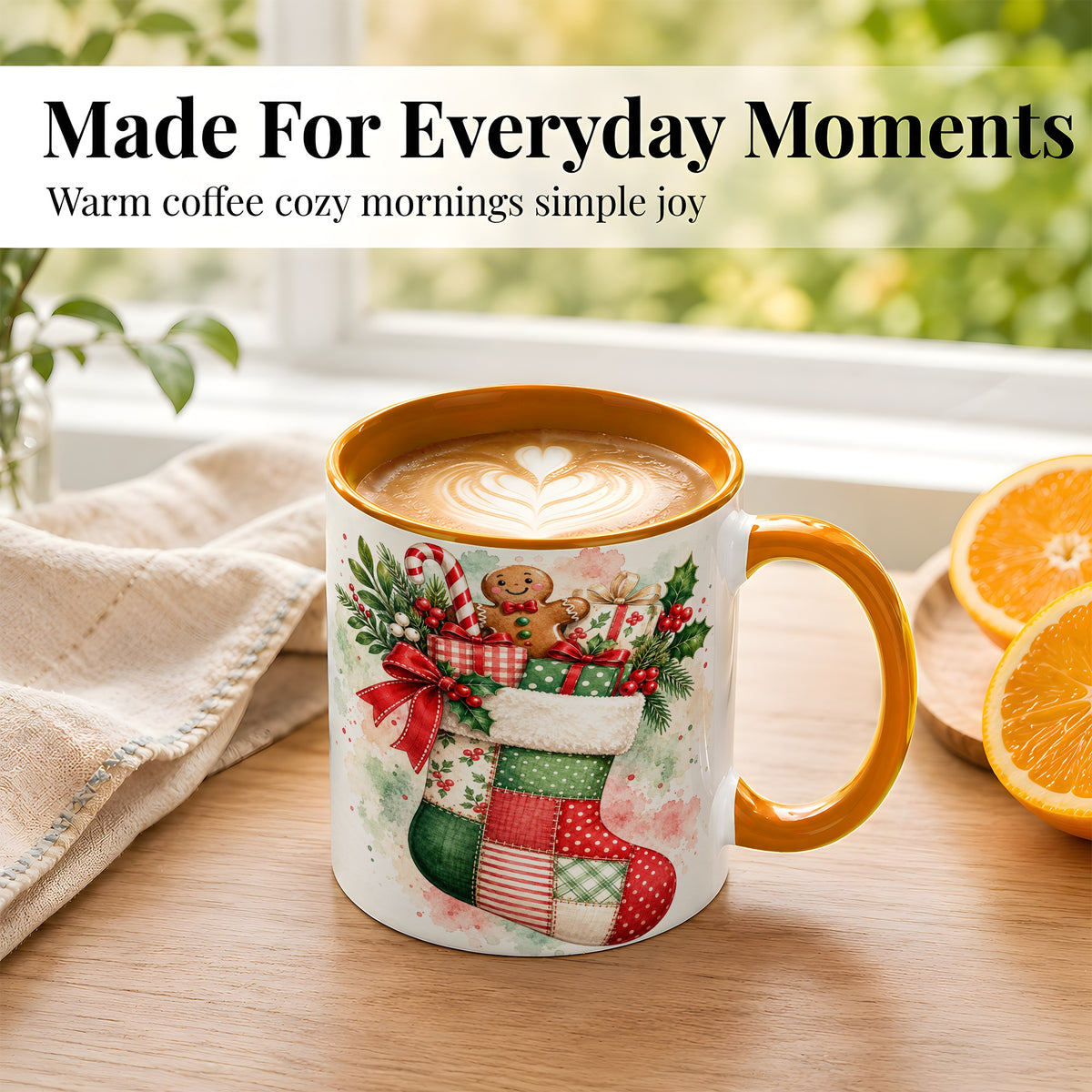 #pl[11oz|Orange] Watercolor Gingerbread Stocking Coffee Mug, Holiday Mug, Ceramic Cup