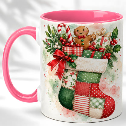 #pl[11oz|Pink] Watercolor Gingerbread Stocking Coffee Mug, Holiday Mug, Ceramic Cup