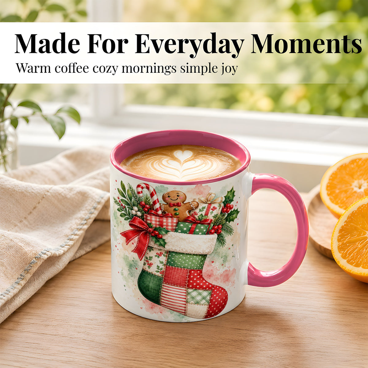#pl[11oz|Pink] Watercolor Gingerbread Stocking Coffee Mug, Holiday Mug, Ceramic Cup