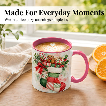 #pl[11oz|Pink] Watercolor Gingerbread Stocking Coffee Mug, Holiday Mug, Ceramic Cup