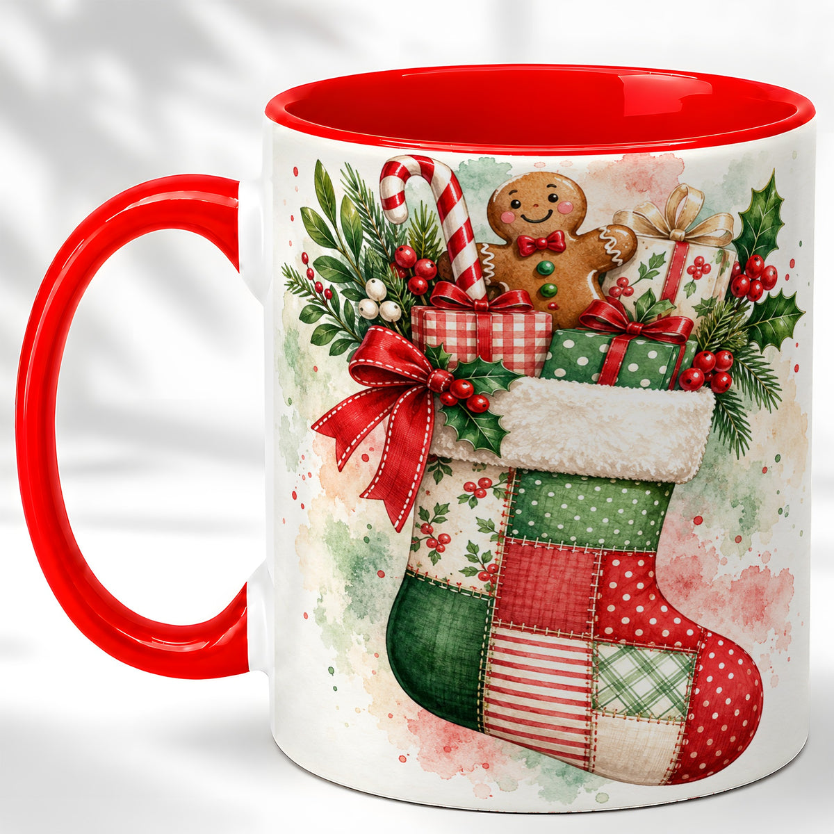 Watercolor Gingerbread Stocking Coffee Mug, Holiday Mug, Ceramic Cup