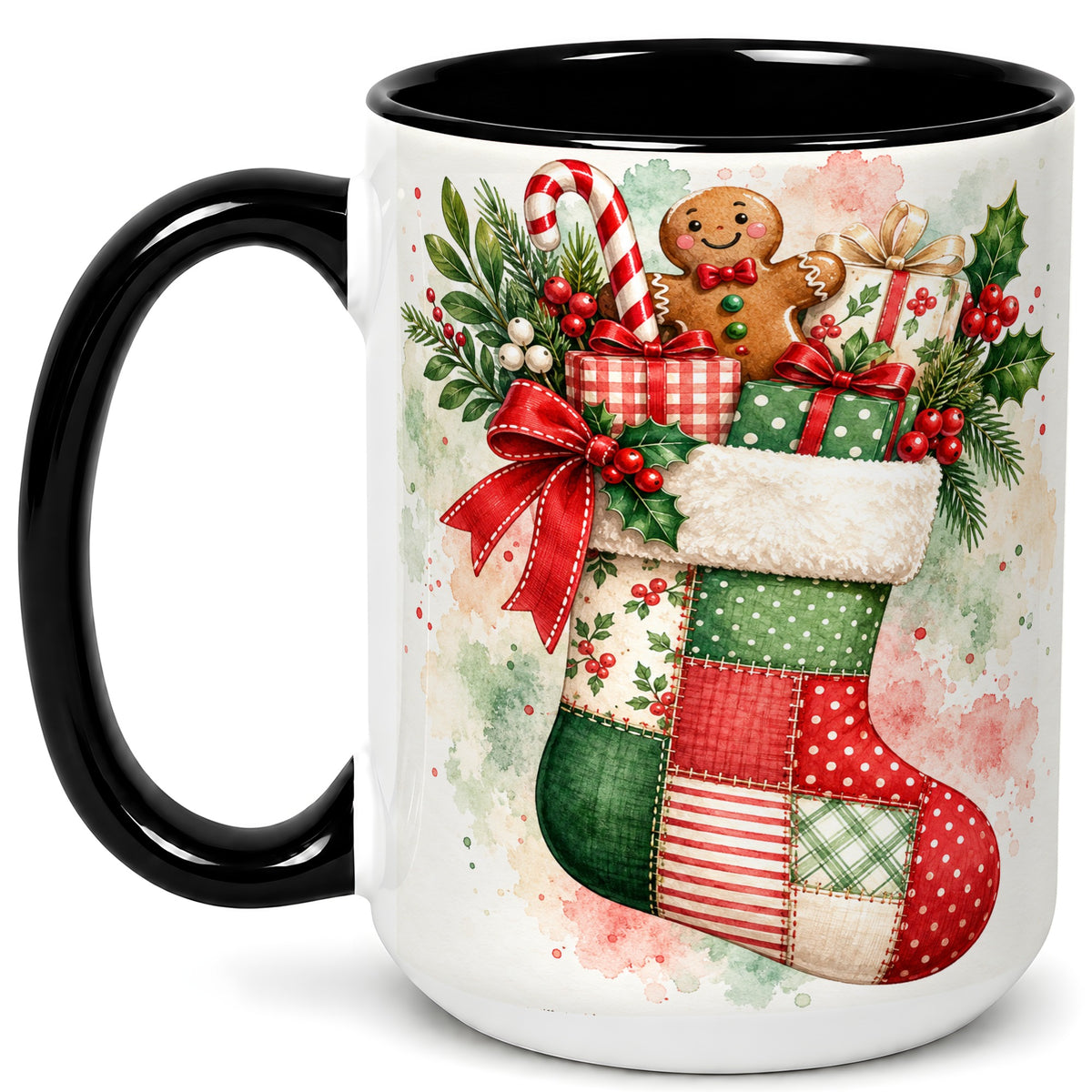 #pl[15oz|Black] Watercolor Gingerbread Stocking Coffee Mug, Holiday Mug, Ceramic Cup